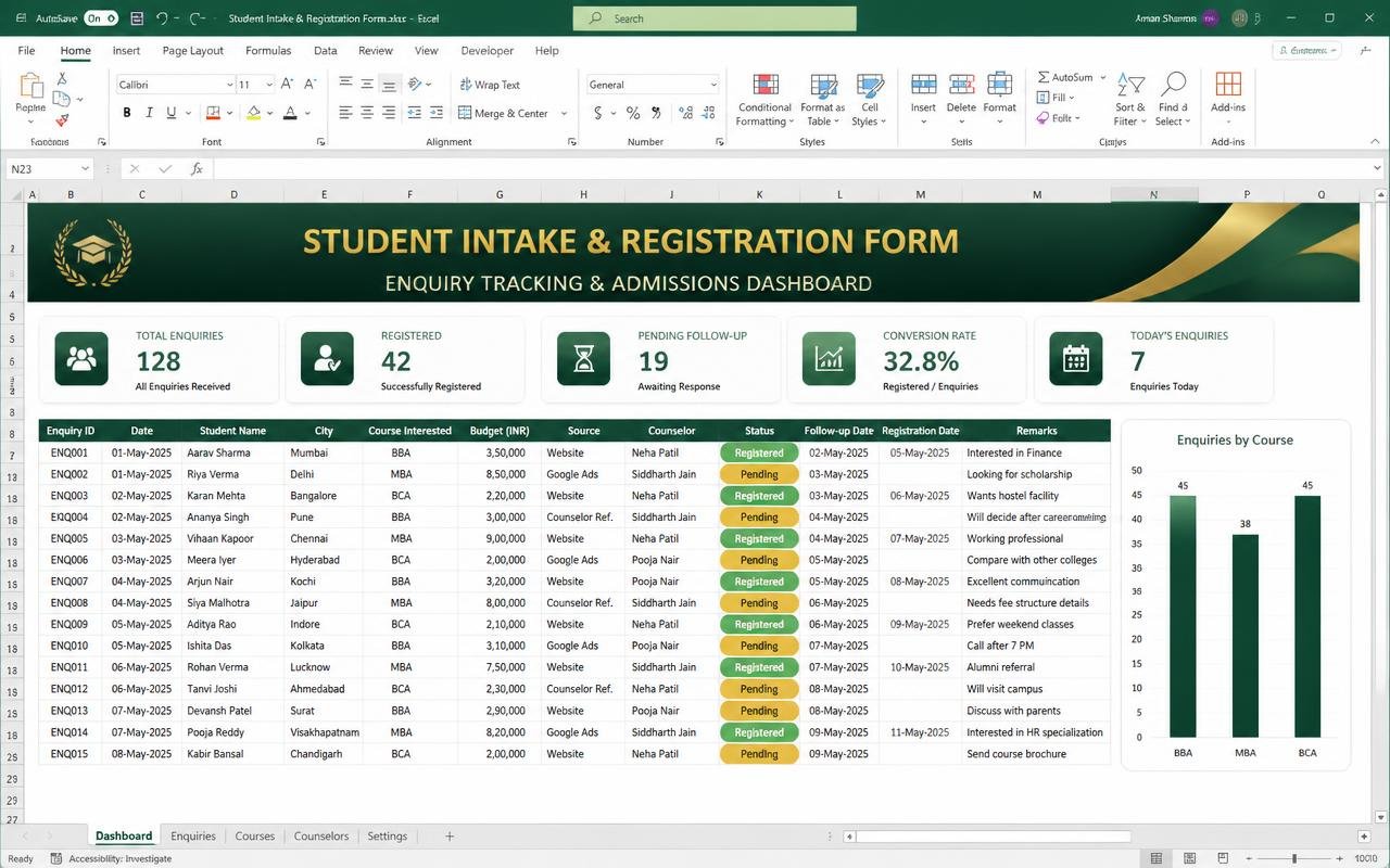 Student Intake & Registration Form — Excel dashboard template preview