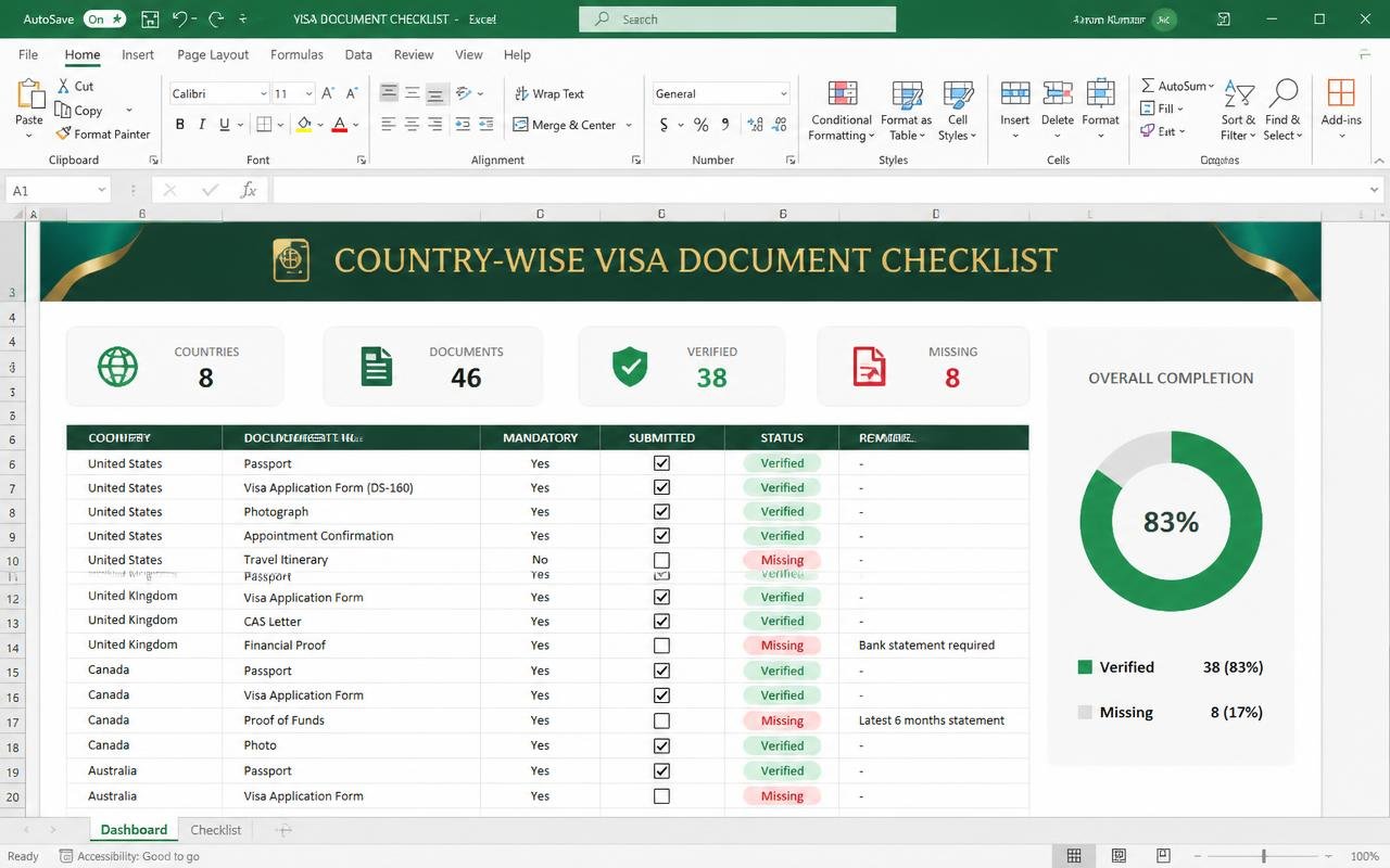 Country-wise Visa Document Checklist — Excel dashboard template preview